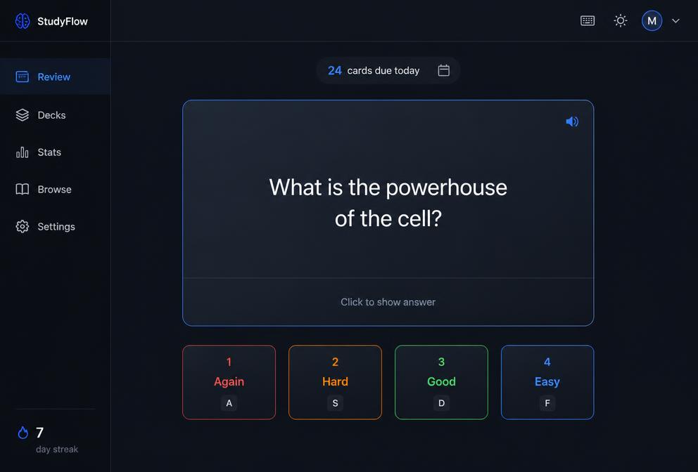 Interface de flashcards com repetição espaçada